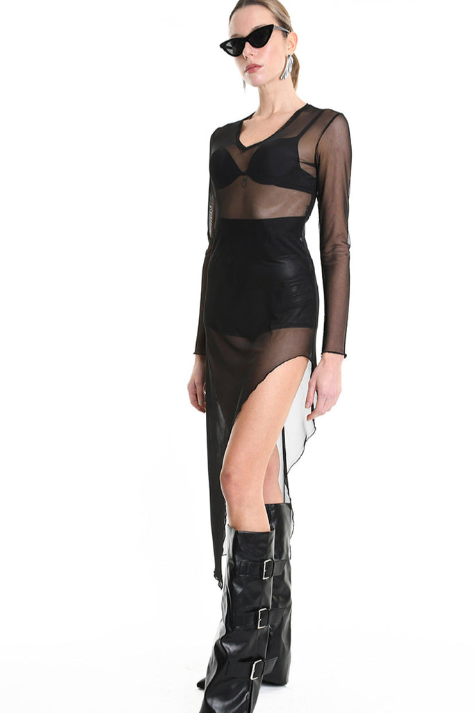 4B W5235 DRESS Long Asymmetric Tulle Stretch Black LA HAINE INSIDE US