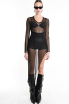 4B W5235 DRESS Long Asymmetric Tulle Stretch Black LA HAINE INSIDE US