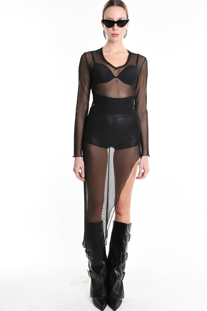 4B W5235 DRESS Long Asymmetric Tulle Stretch Black LA HAINE INSIDE US