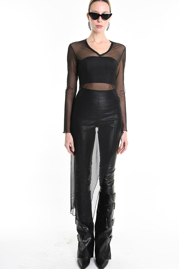 4B W5235 DRESS Long Asymmetric Tulle Stretch Black LA HAINE INSIDE US