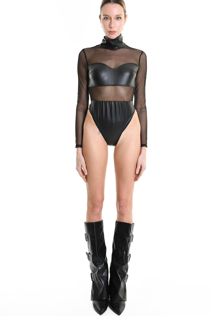 4B W5238 BODY Faux Leather Stretch & Tulle Black LA HAINE INSIDE US