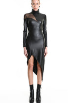 4B W5239 DRESS Asymmetric Slim Fit Faux Leather Stretch & Tulle Black LA HAINE INSIDE US