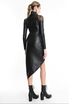4B W5239 DRESS Asymmetric Slim Fit Faux Leather Stretch & Tulle Black LA HAINE INSIDE US