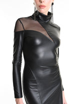 4B W5239 DRESS Asymmetric Slim Fit Faux Leather Stretch & Tulle Black LA HAINE INSIDE US