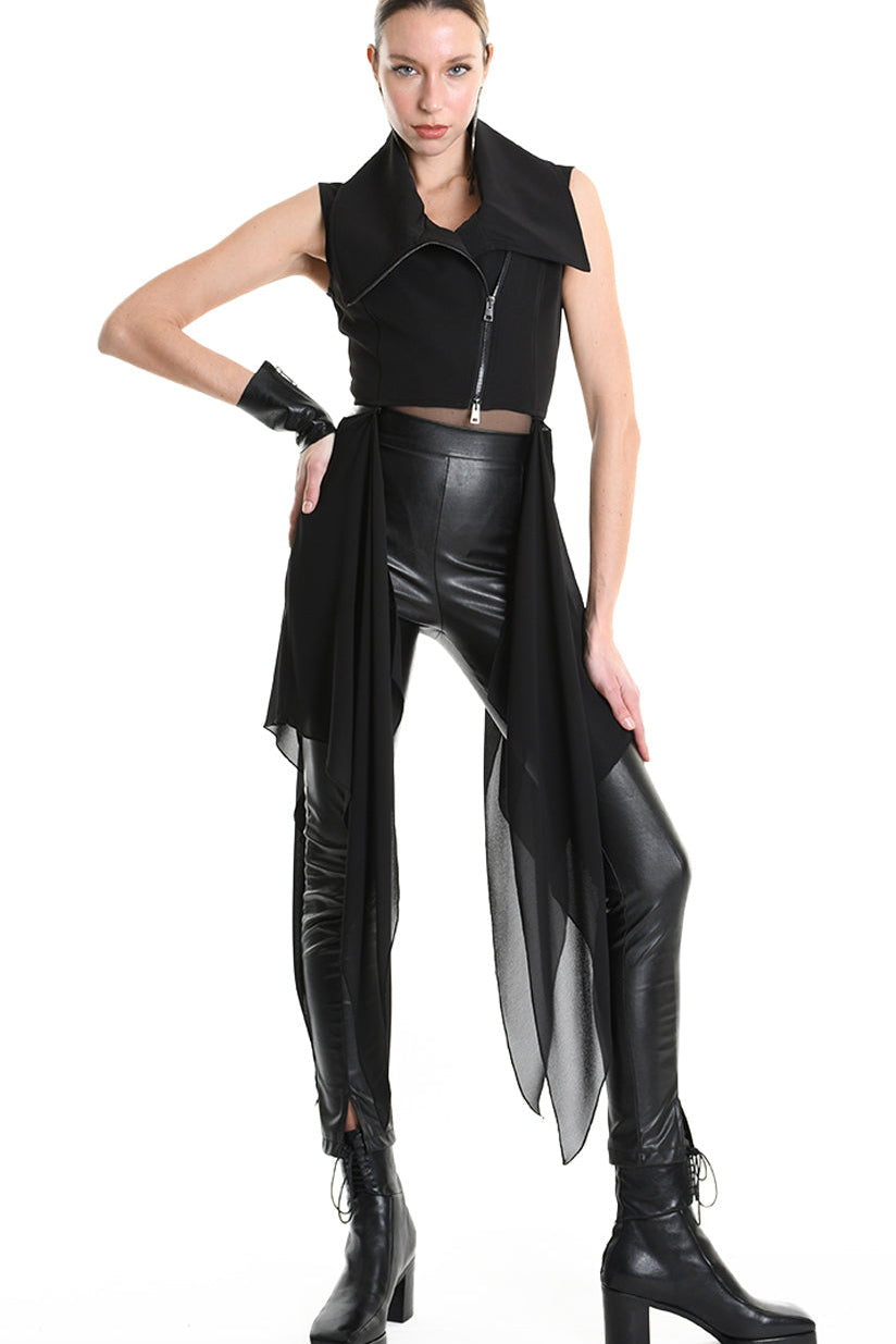 4B W5254 CROPPED VEST in Techno Stretch & Georgette Black LA HAINE INSIDE US