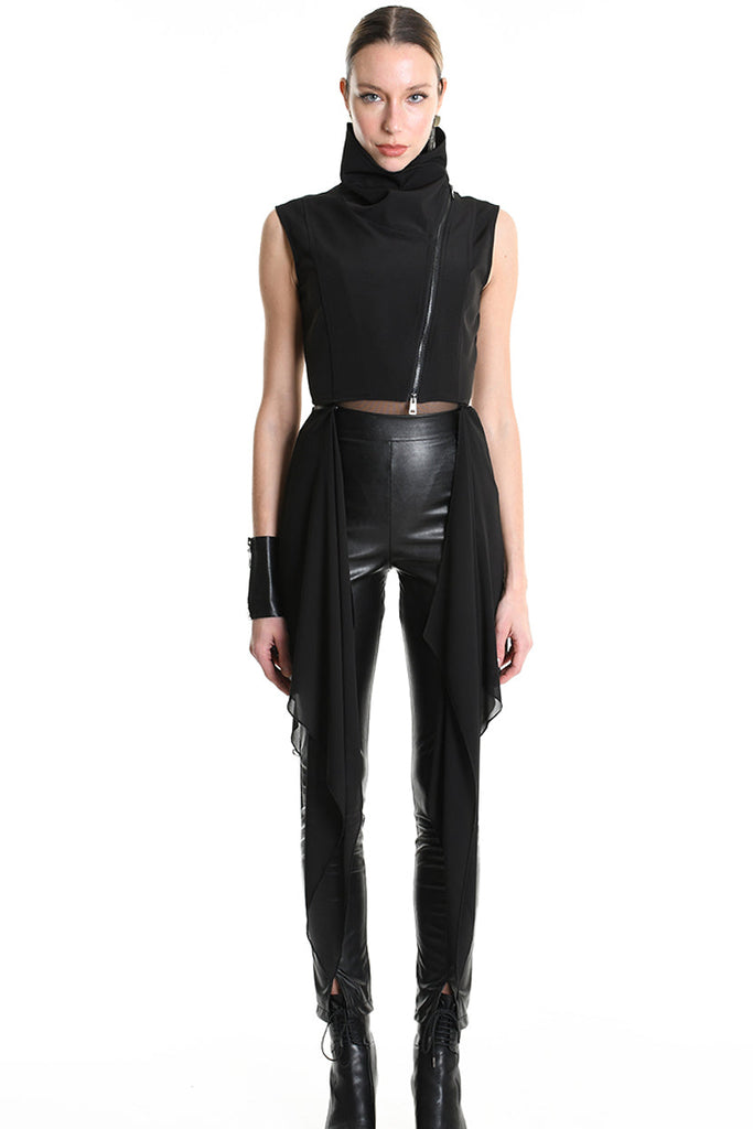 4B W5254 CROPPED VEST in Techno Stretch & Georgette Black LA HAINE INSIDE US