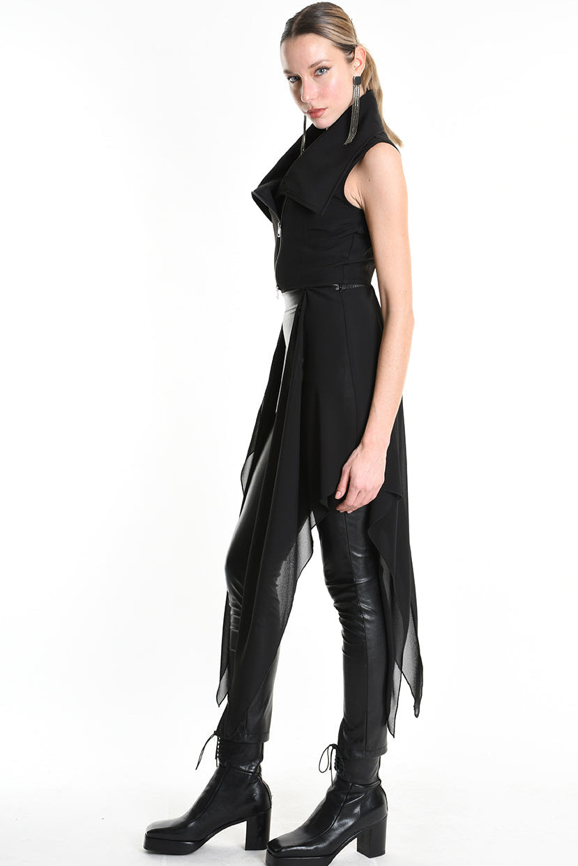 4B W5254 CROPPED VEST in Techno Stretch & Georgette Black LA HAINE INSIDE US