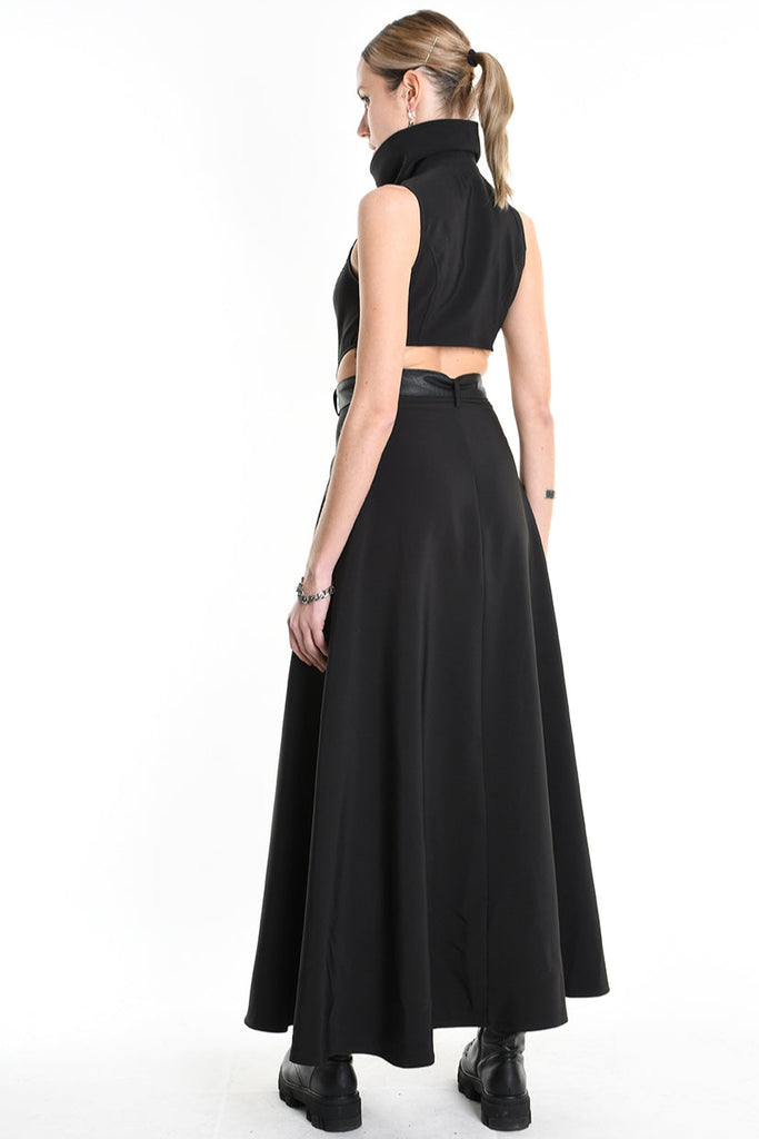 4B W5257 DRESS Long Sleeveless Tecno Stretch & Faux Leather Black LA HAINE INSIDE US