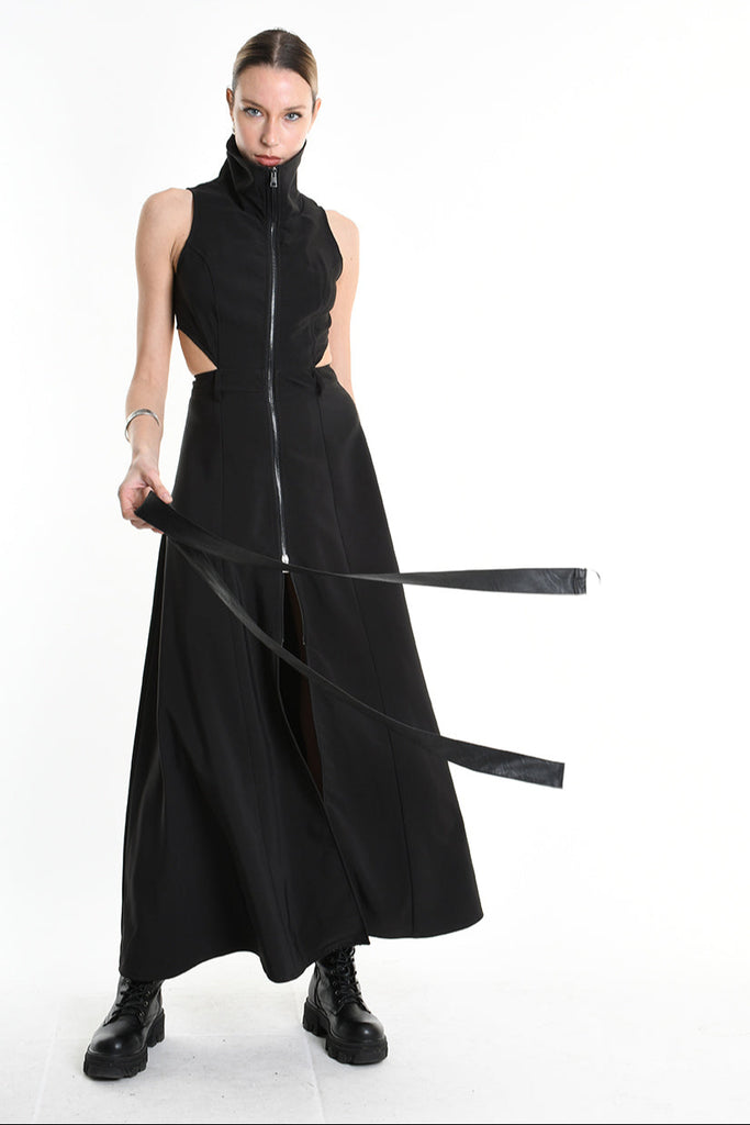 4B W5257 DRESS Long Sleeveless Tecno Stretch & Faux Leather Black LA HAINE INSIDE US