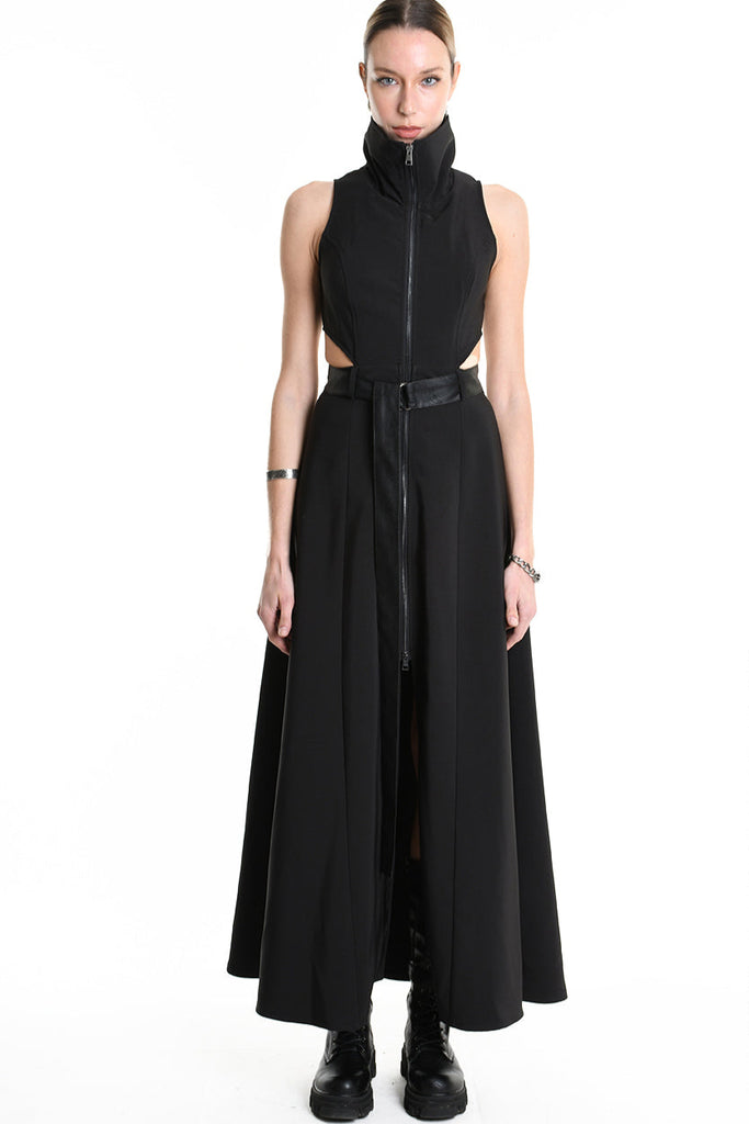 4B W5257 DRESS Long Sleeveless Tecno Stretch & Faux Leather Black LA HAINE INSIDE US