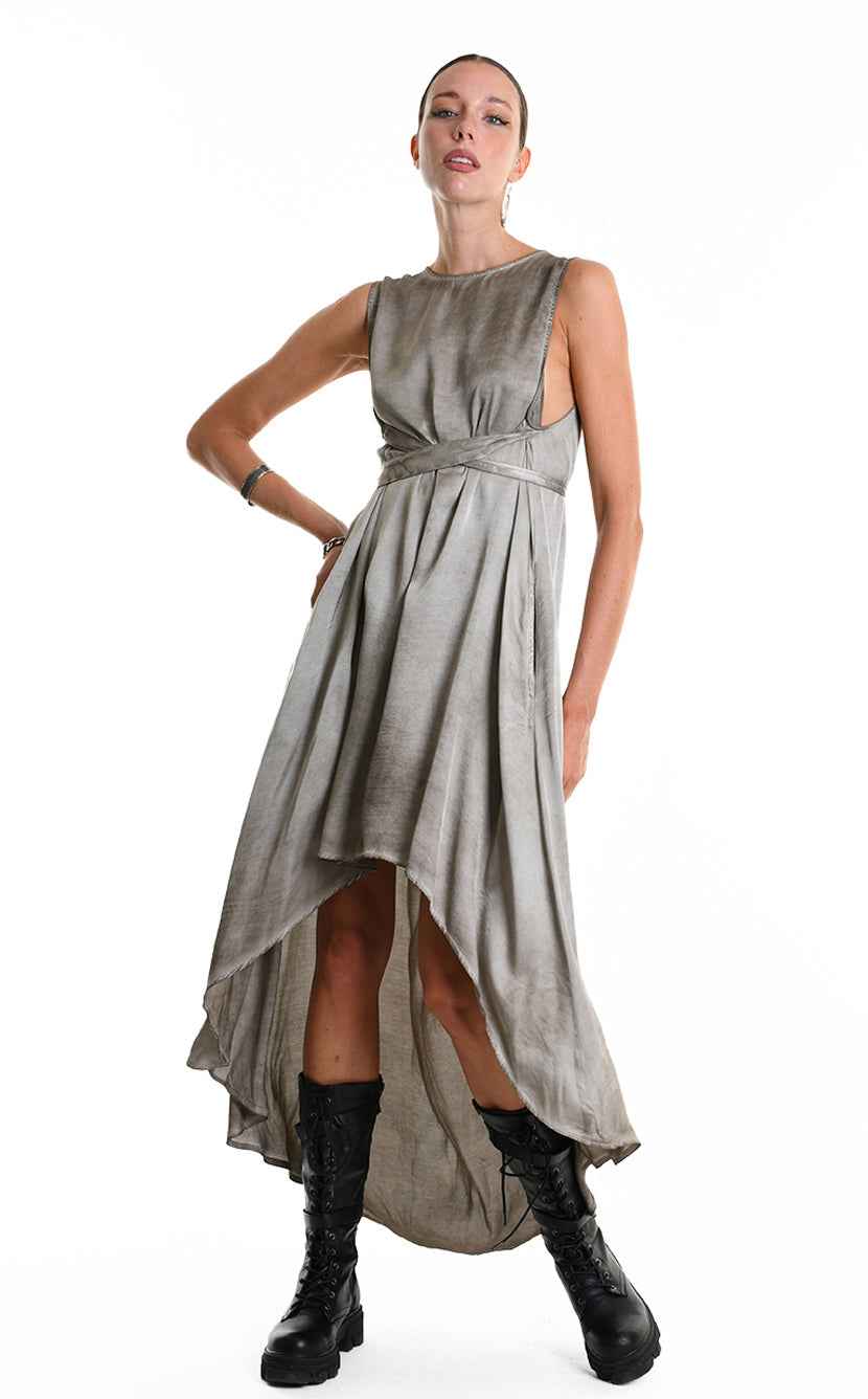 W5276 Asymmetric Dress - Gray Cold-Dyed Viscose Satin Button Ribbons Pockets Italian Women's