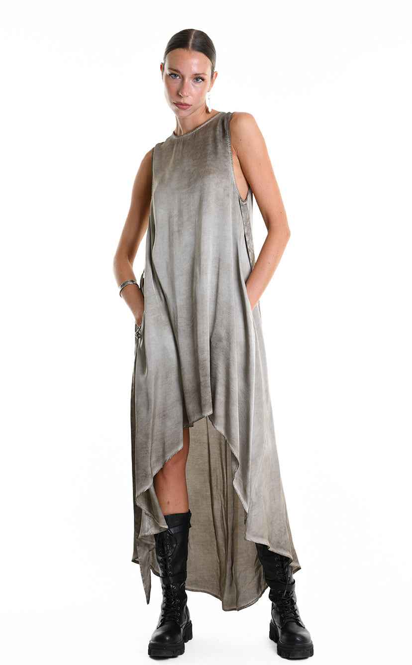 W5276 Asymmetric Dress - Gray Cold-Dyed Viscose Satin Button Ribbons Pockets Italian Women's