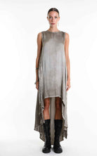 W5276 Asymmetric Dress - Gray Cold-Dyed Viscose Satin Button Ribbons Pockets Italian Women's
