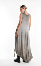 W5276 Asymmetric Dress - Gray Cold-Dyed Viscose Satin Button Ribbons Pockets Italian Women's