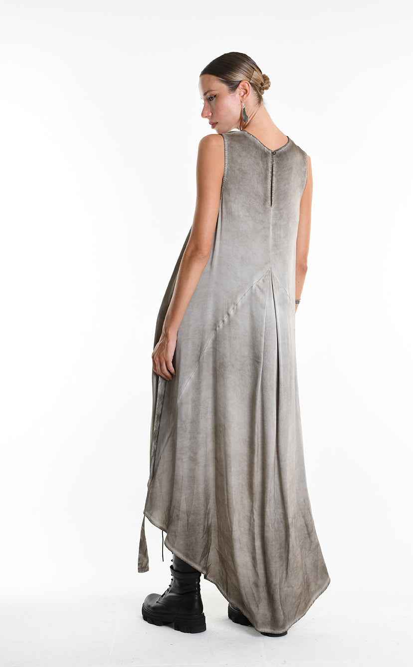 W5276 Asymmetric Dress - Gray Cold-Dyed Viscose Satin Button Ribbons Pockets Italian Women's