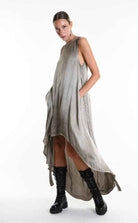 W5276 Asymmetric Dress - Gray Cold-Dyed Viscose Satin Button Ribbons Pockets Italian Women's