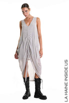 W5336 Regular Asymmetric Dress - Gray Georgette Lined Drawstring Pockets Italian Women's