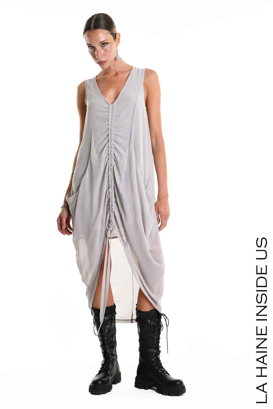 W5336 Regular Asymmetric Dress - Gray Georgette Lined Drawstring Pockets Italian Women's