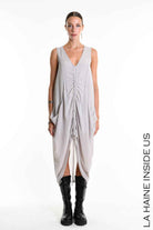 W5336 Regular Asymmetric Dress - Gray Georgette Lined Drawstring Pockets Italian Women's