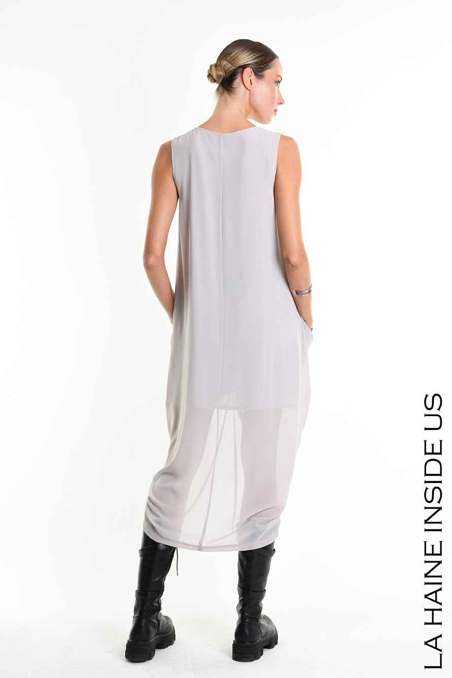 W5336 Regular Asymmetric Dress - Gray Georgette Lined Drawstring Pockets Italian Women's