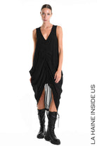 W5336 Regular Asymmetric Dress - Black Georgette Lined Drawstring Pockets Italian Women's