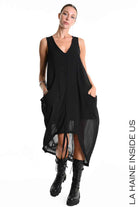 W5336 Regular Asymmetric Dress - Black Georgette Lined Drawstring Pockets Italian Women's