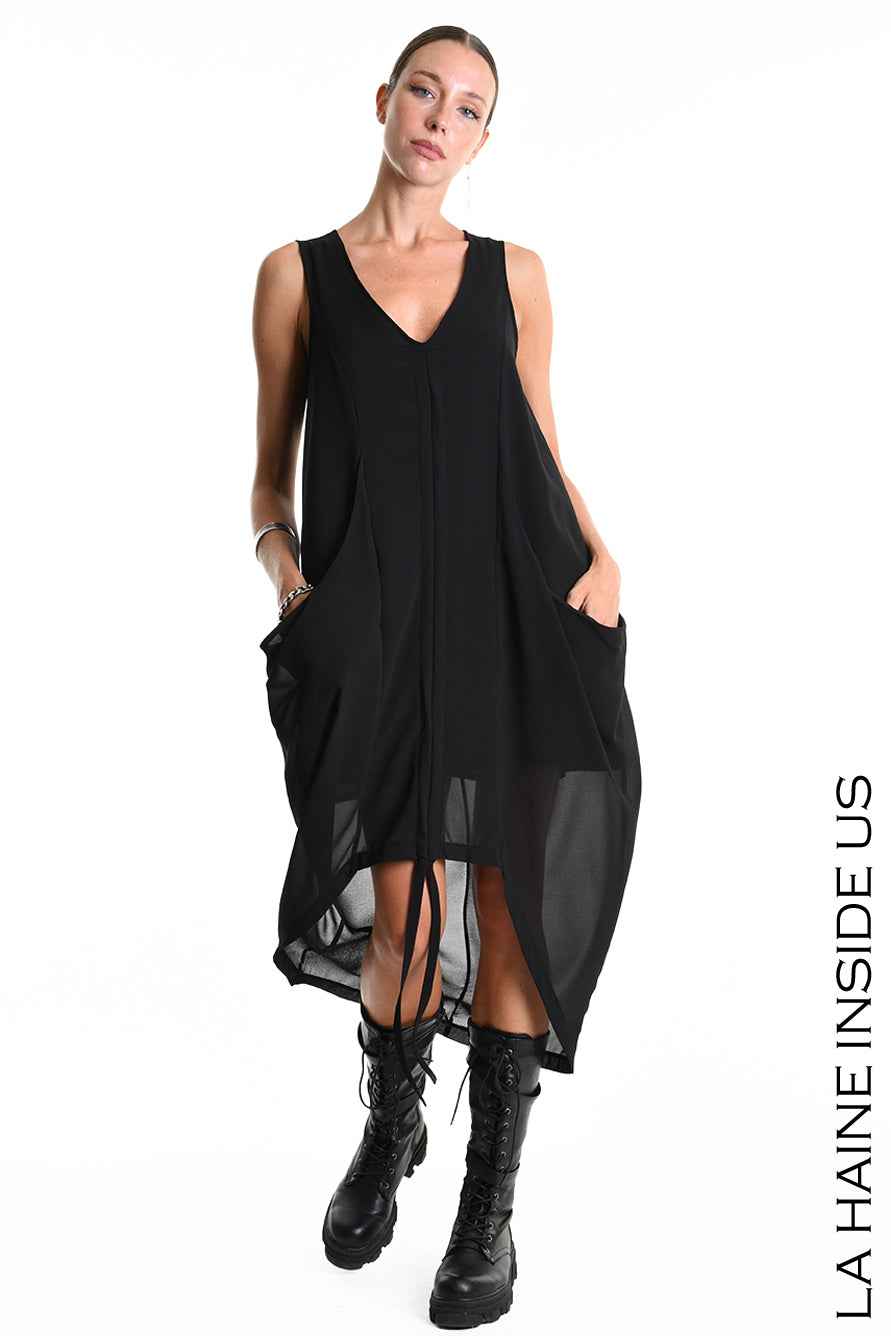 W5336 Regular Asymmetric Dress - Black Georgette Lined Drawstring Pockets Italian Women's