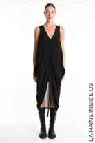 W5336 Regular Asymmetric Dress - Black Georgette Lined Drawstring Pockets Italian Women's