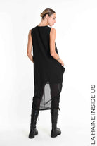 W5336 Regular Asymmetric Dress - Black Georgette Lined Drawstring Pockets Italian Women's
