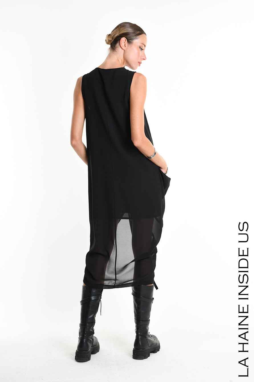 W5336 Regular Asymmetric Dress - Black Georgette Lined Drawstring Pockets Italian Women's