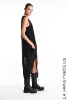 W5336 Regular Asymmetric Dress - Black Georgette Lined Drawstring Pockets Italian Women's