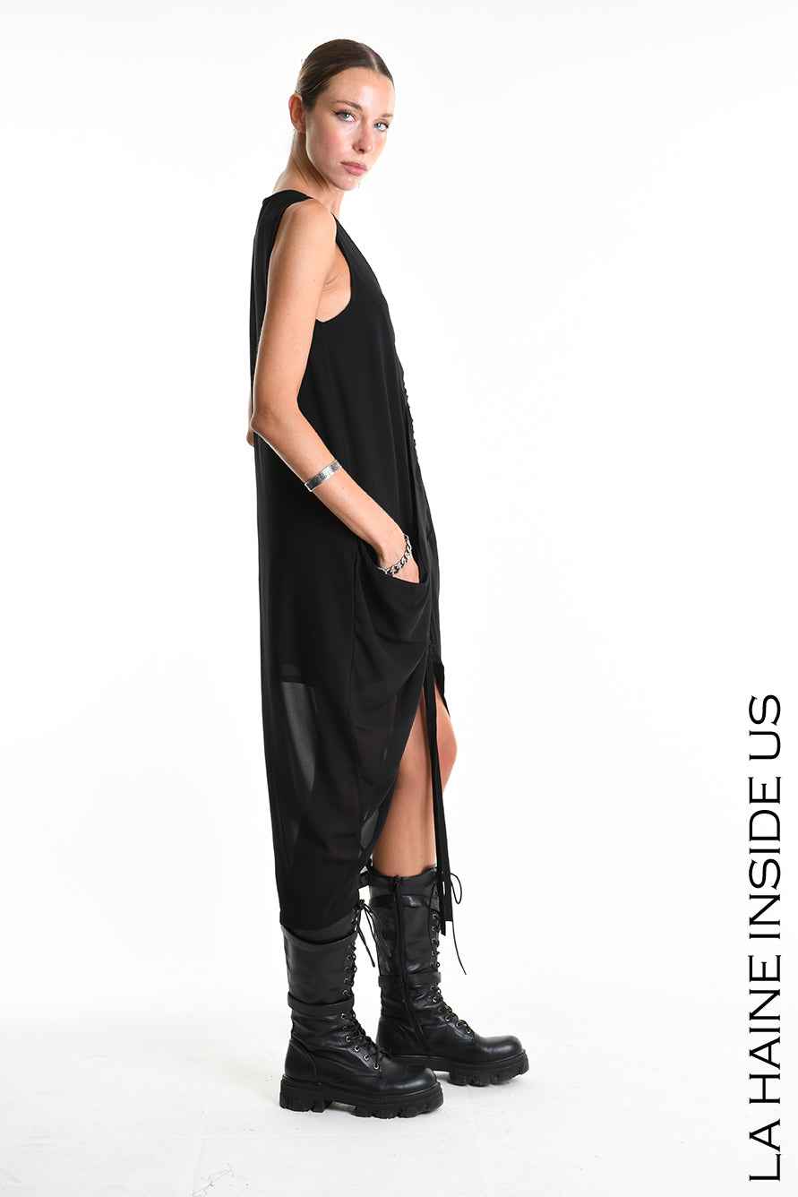 W5336 Regular Asymmetric Dress - Black Georgette Lined Drawstring Pockets Italian Women's