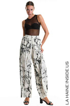 4B W5337 TROUSERS Palazzo in Printed Viscose & Viscose Jersey White