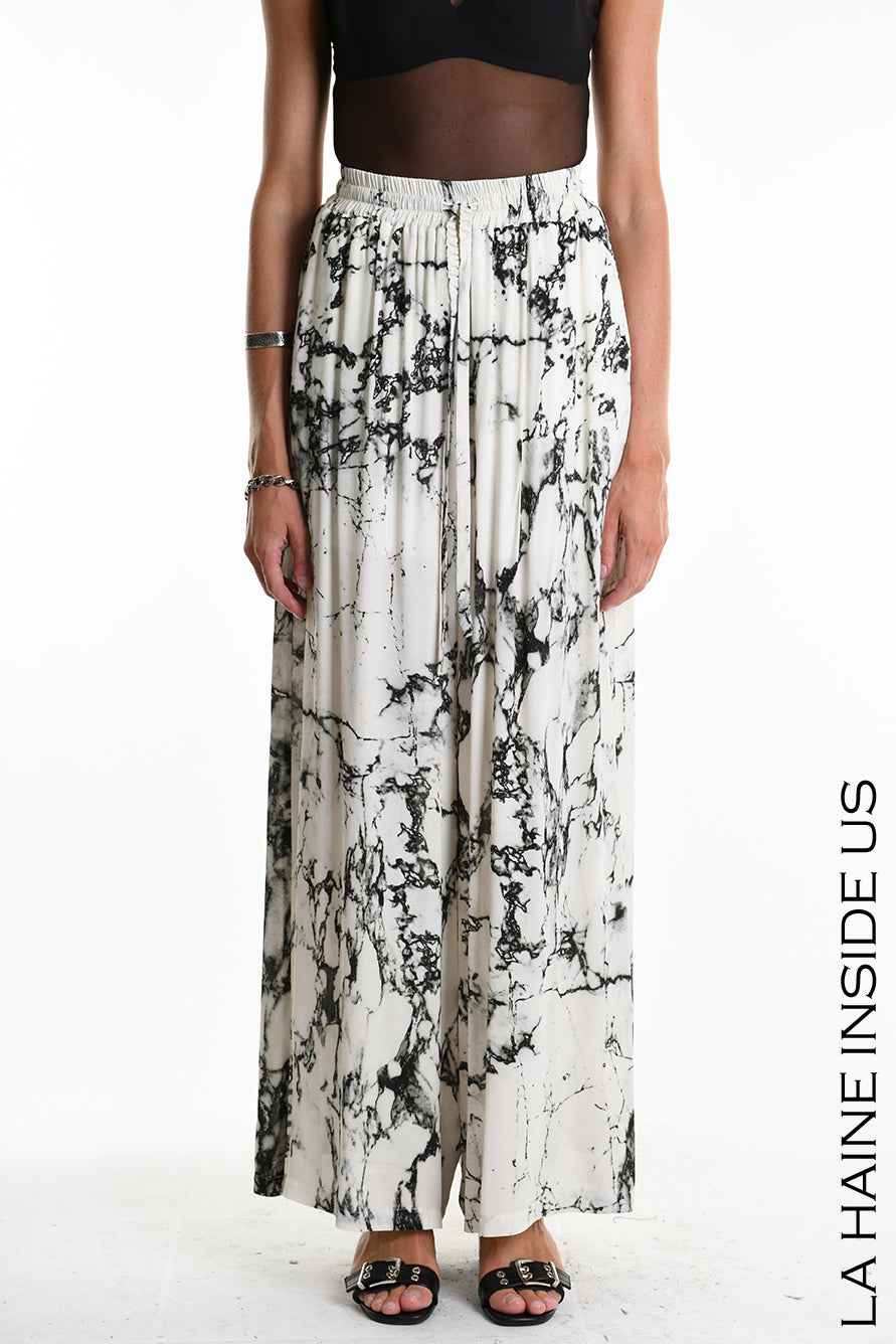 4B W5337 TROUSERS Palazzo in Printed Viscose & Viscose Jersey White