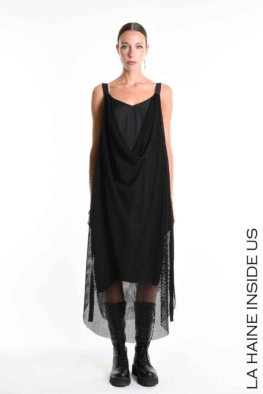 W5345 Regular Dress - Black Mesh Shawl Collar Crepe de Chine Faux Leather Italian Women's