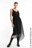 W5345 Regular Dress - Black Mesh Shawl Collar Crepe de Chine Faux Leather Italian Women's