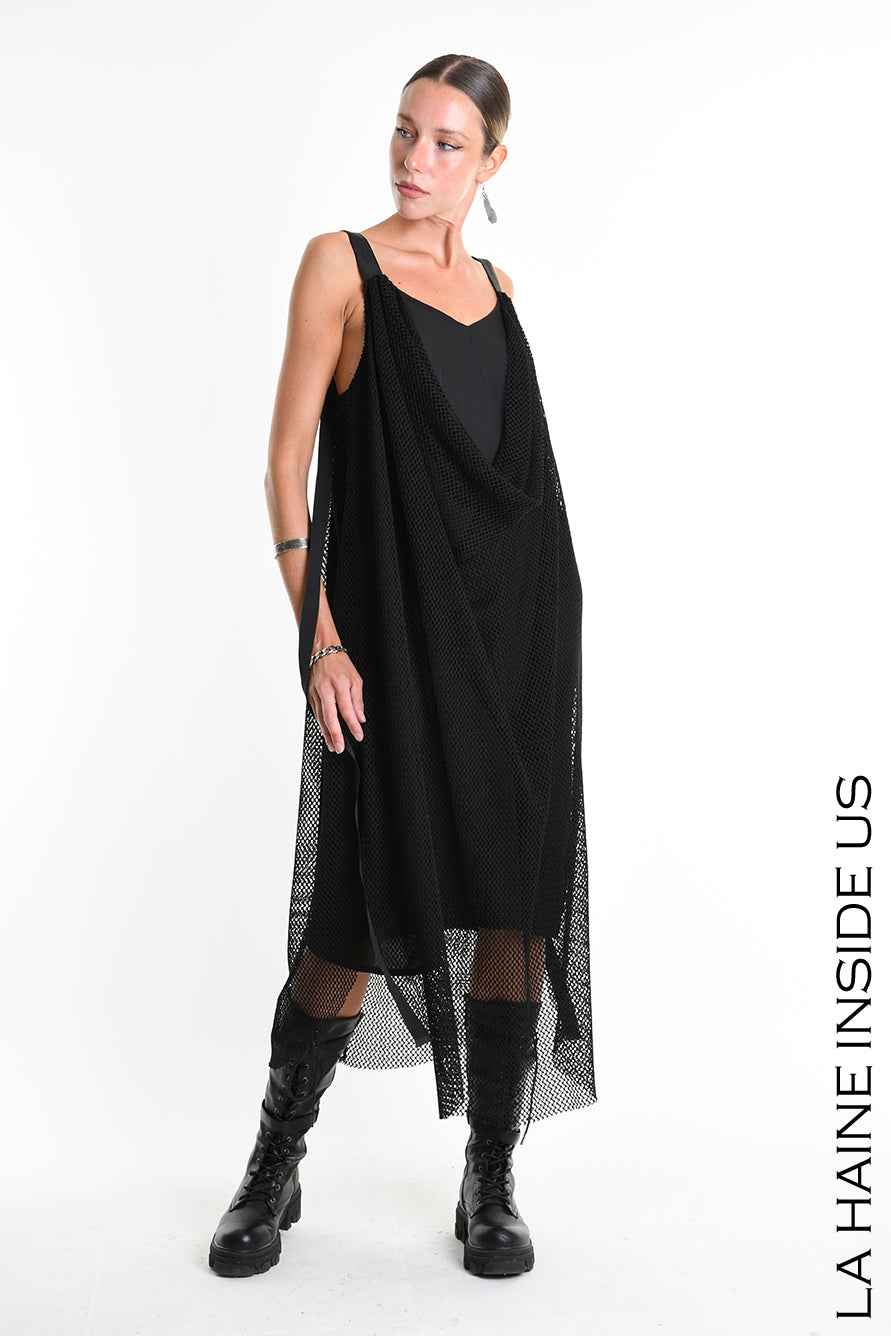 W5345 Regular Dress - Black Mesh Shawl Collar Crepe de Chine Faux Leather Italian Women's