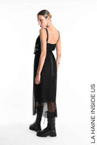 W5345 Regular Dress - Black Mesh Shawl Collar Crepe de Chine Faux Leather Italian Women's