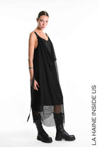W5345 Regular Dress - Black Mesh Shawl Collar Crepe de Chine Faux Leather Italian Women's