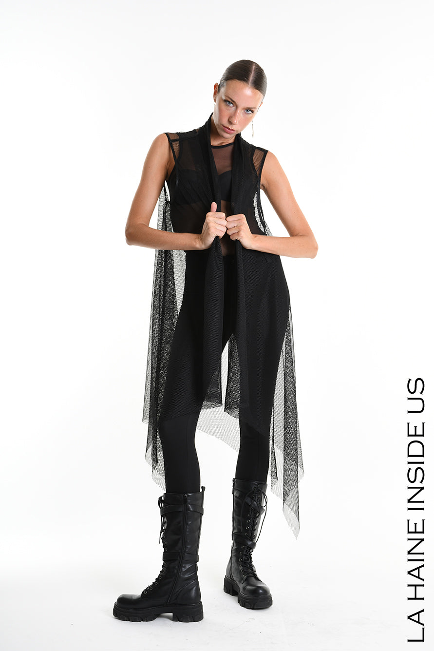 4B W5357 GILET Over Asymmetrical Unlined Mesh UNISEX U Black - TEPHRA