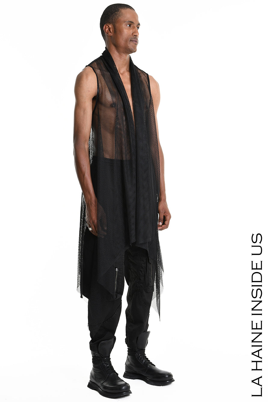 トップス rare FUGA Black Coated Draped Gilet 4B W5357 GILET Over Asymmetrical Unlined Mesh UNISEX U Black - TEPHRA