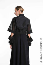 4B W5361 BOMBER Over-Crop in Unlined Nylon & Tulle Stretch Black