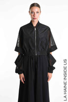 4B W5361 BOMBER Over-Crop in Unlined Nylon & Tulle Stretch Black