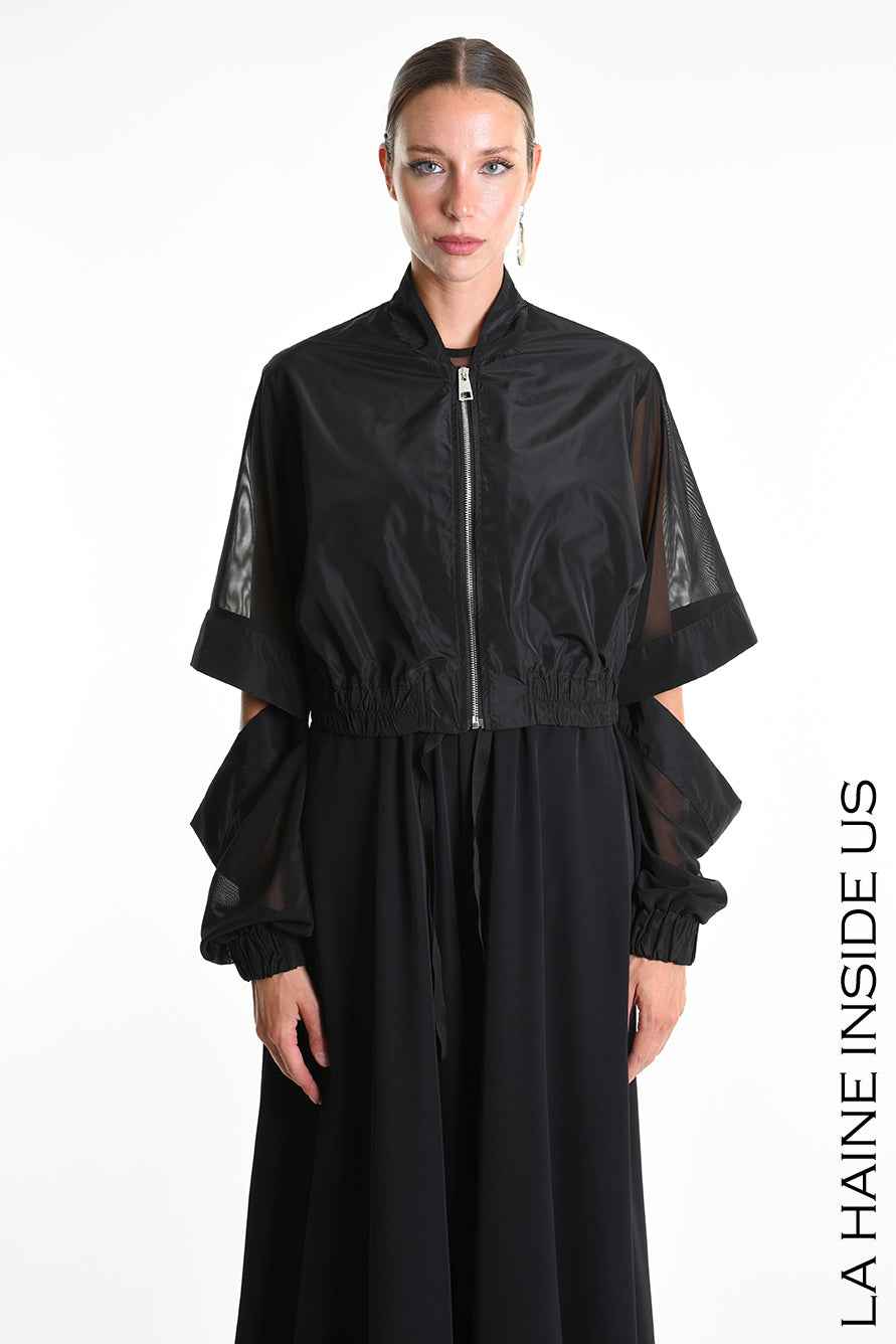 4B W5361 BOMBER Over-Crop in Unlined Nylon & Tulle Stretch Black
