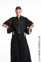 4B W5361 BOMBER Over-Crop in Unlined Nylon & Tulle Stretch Black
