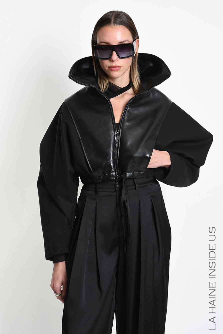 4B W5472 SPORT JACKET Over Crop Nappa Leather & Cloth Lined Black