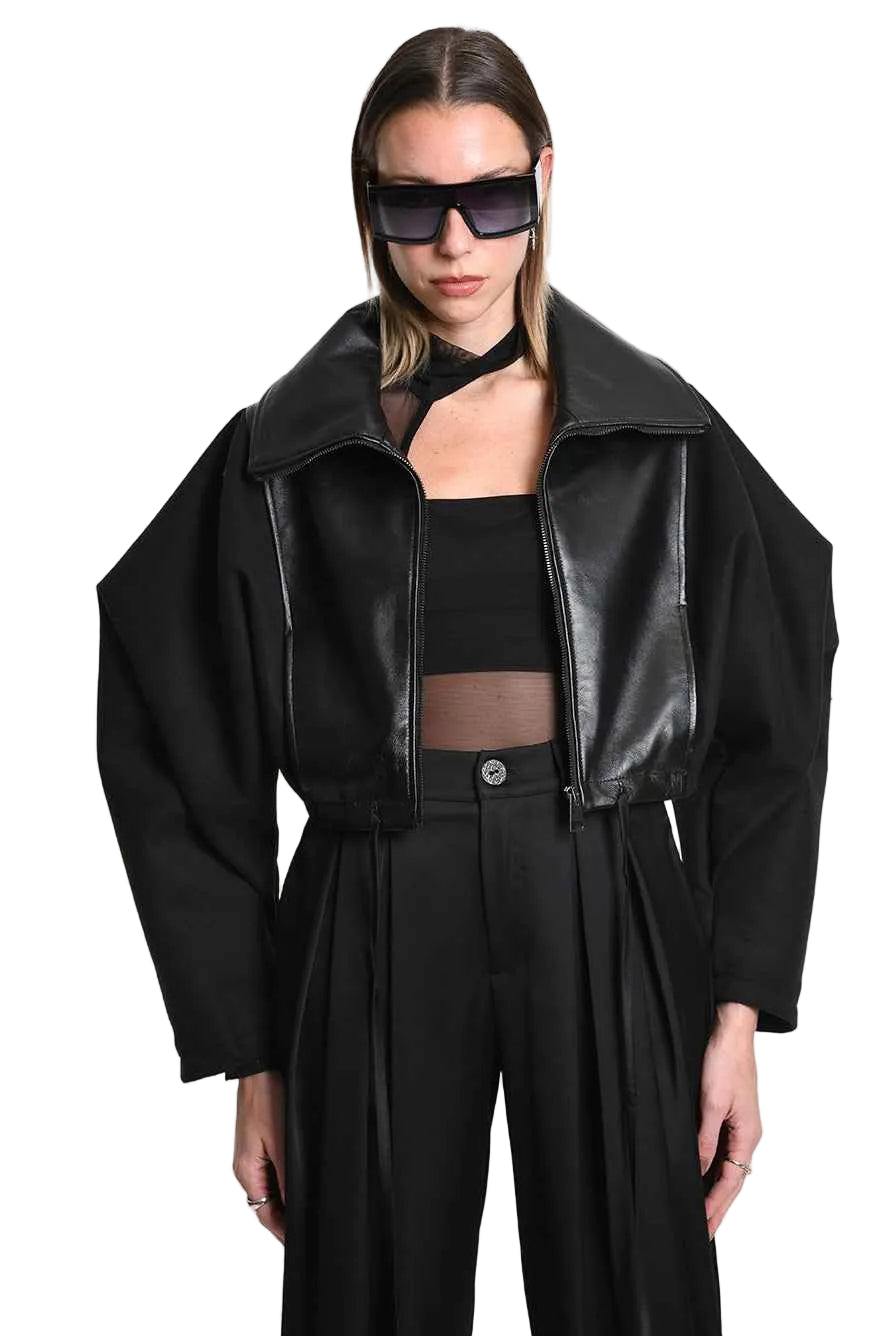 4B W5472 SPORT JACKET Over Crop Nappa Leather & Cloth Lined Black