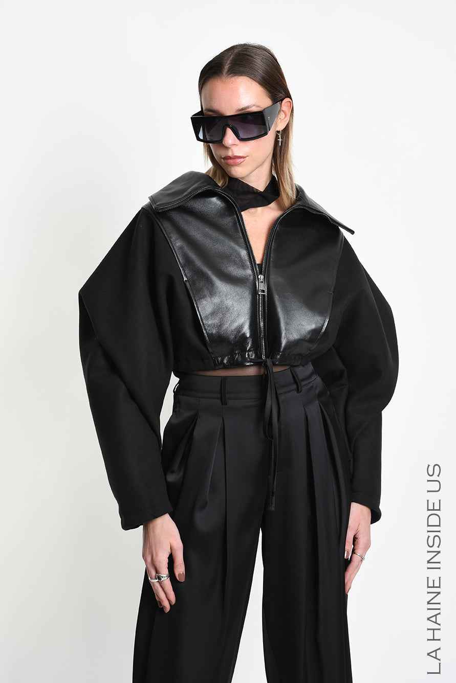 4B W5472 SPORT JACKET Over Crop Nappa Leather & Cloth Lined Black