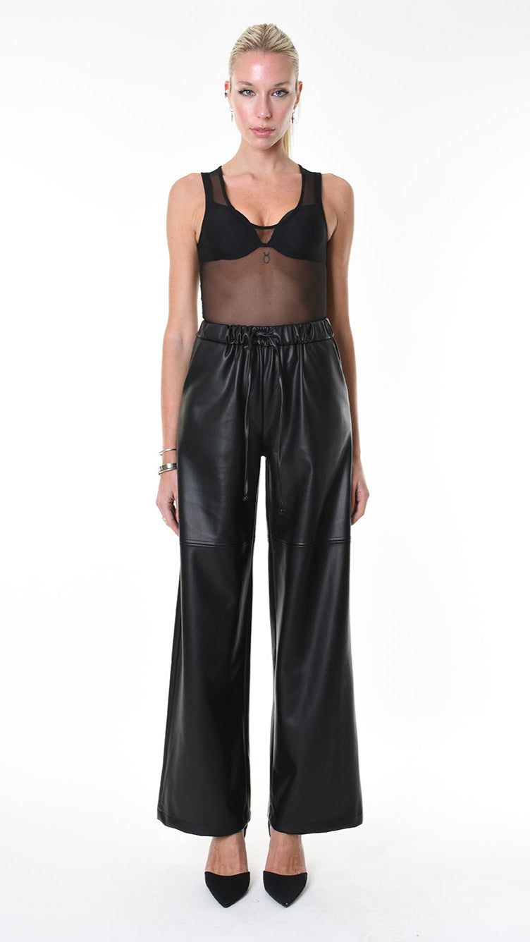 A34G LW84625 TROUSER Wide Faux Leather Stretch Black