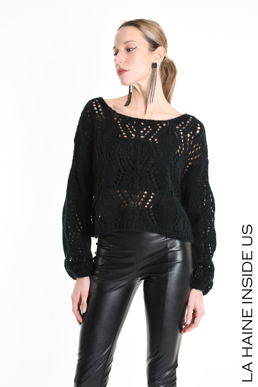 LA HAINE 4K W5130 Oversized Asymmetrical Knitwear - Grey & Black Perforated Mohair Blend Gauge 3 Women's - TEPHRA